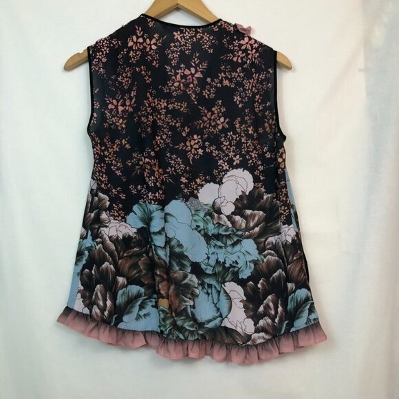 CLOVER CANYON ANTHROPOLOGIE Floral Sunset Ruffled Top Blue Pink Sleeveless Boho - Picture 12 of 14